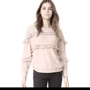 Anthropologie Love Sam Grey Beige Pullover Ruffle Lace Inset Sweatshirt Size S